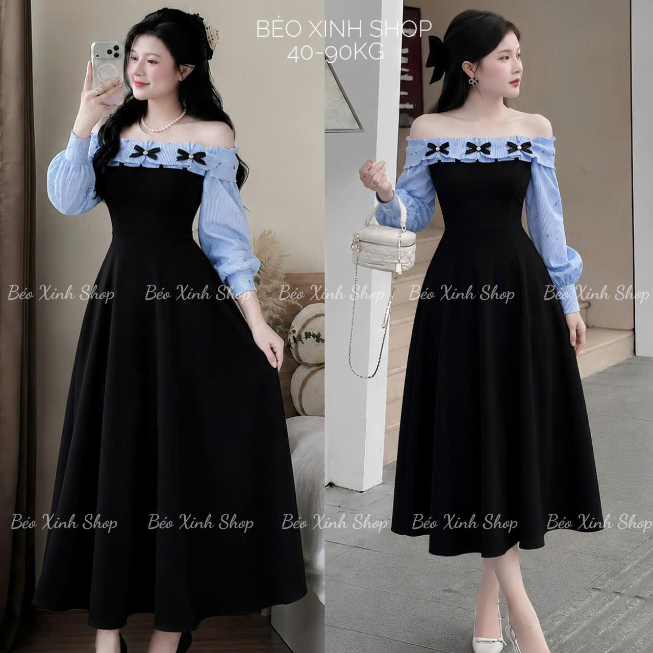 Váy Dự Tiệc Thiết Kế Tay Dài Trễ Vai Phối Nơ (Vải Tuyết Mưa Phối Sọc Nơ Cotton) Cao Cấp Thanh Lịch Sang Trọng Cho Các Nàng Bigsize 40–90kg Thời Trang Nữ Béo Xinh Shop - A.1807