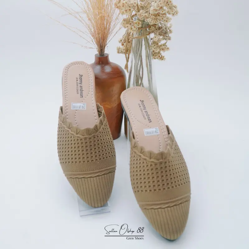 Slip On Mules Sandal Sepatu Rajut Wanita Hak Datar Karet Kasual 2