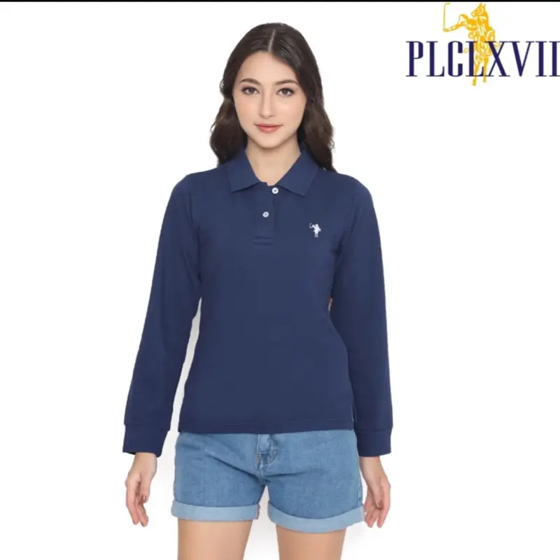KAOS KERAH POLO WANITA LENGAN PANJANG KUDA KECIL Katun Polos Hitam Putih 6