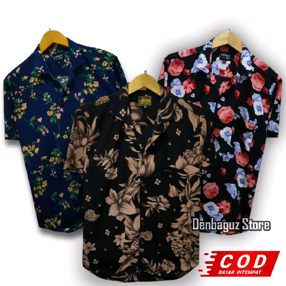 Kemeja Motif Bunga Pria Wanita Lengan Pendek Hem Kasual V Neck Distro