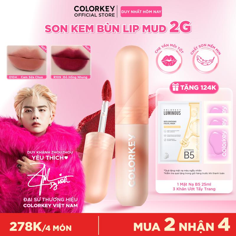   OFFICIAL  Son Kem Bùn COLORKEY Lip Mud Chất Son Mềm Mịn Che Vân Môi Tốt Màu Sắc Thời Thượng 2g 