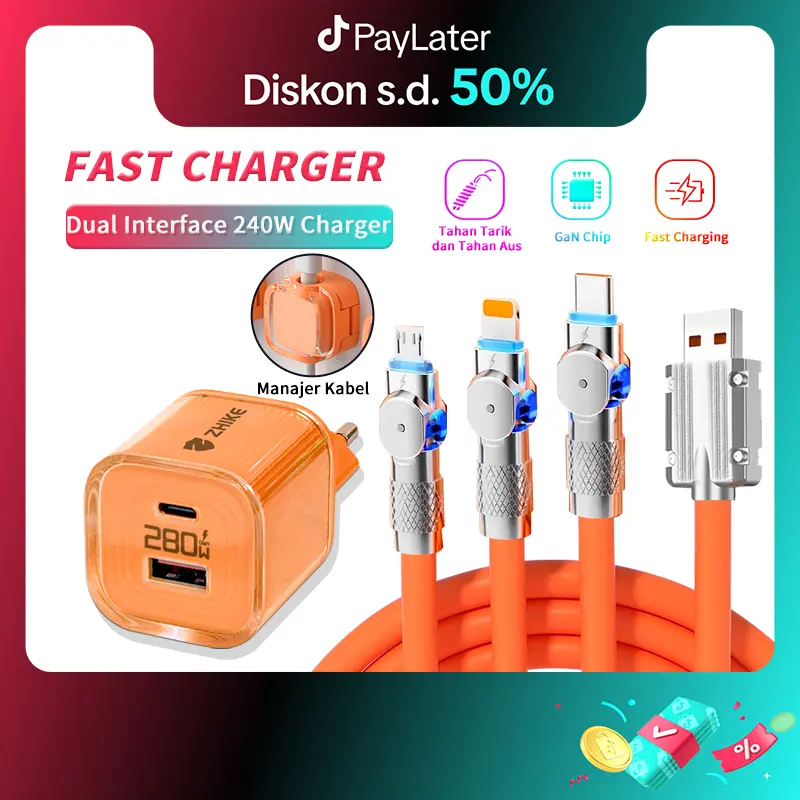 ZHIKE Kabel Data Fast Charging Adapter 280W Kabel Casan Tipe C Micro USB Untuk iOS Lightning Type C 240W Kepala Charger Fast Charger 1.2M 3 in 1 Mendukung 6A Fast Cabel Charging Untuk Apple iPhone Samsung Realme Xiaomi OPPO VIVO
