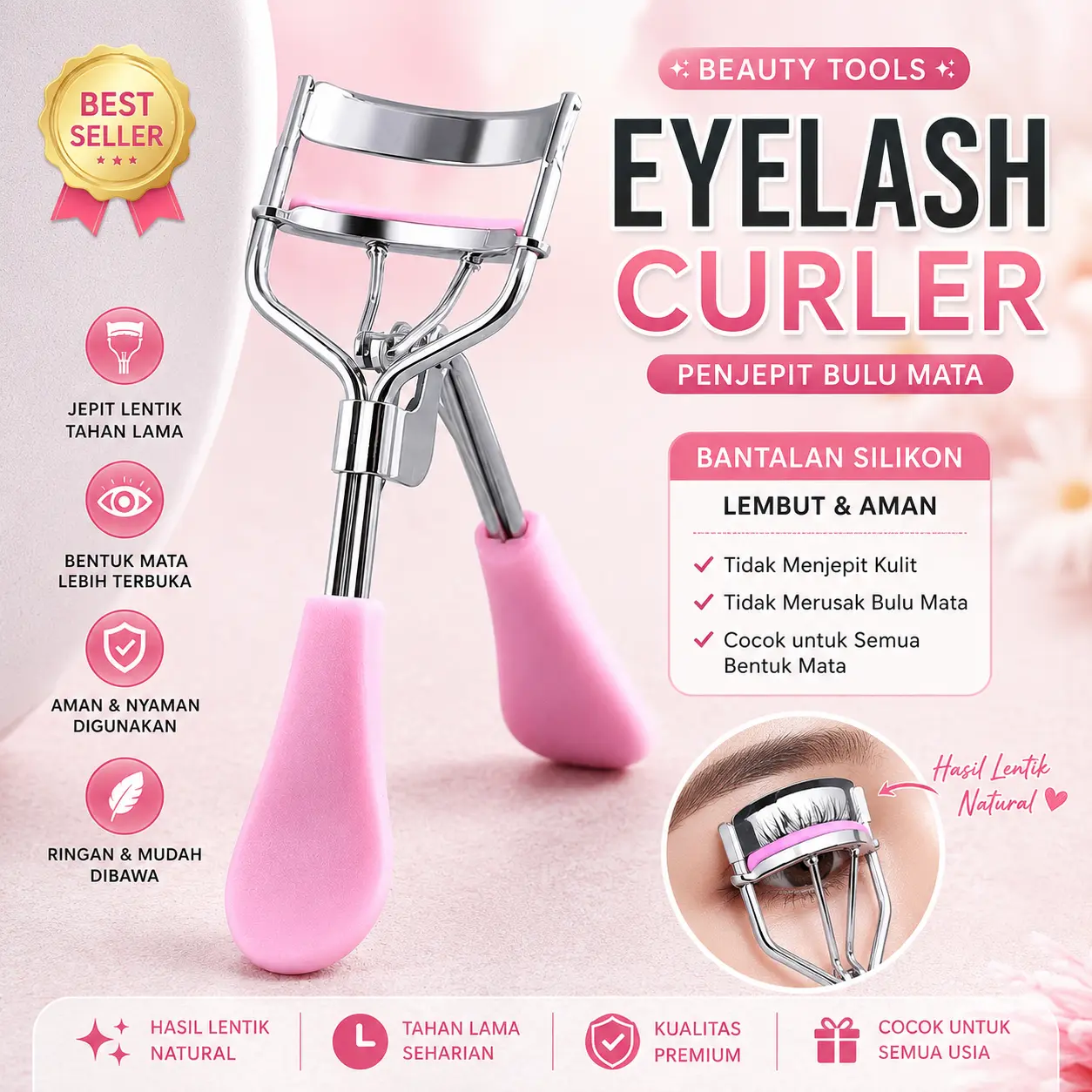 LuxciaBeauty - Penjepit Bulu Mata (1) Lentik Natural, Eyelash Curler Ergonomis Stainless Bantalan Silikon