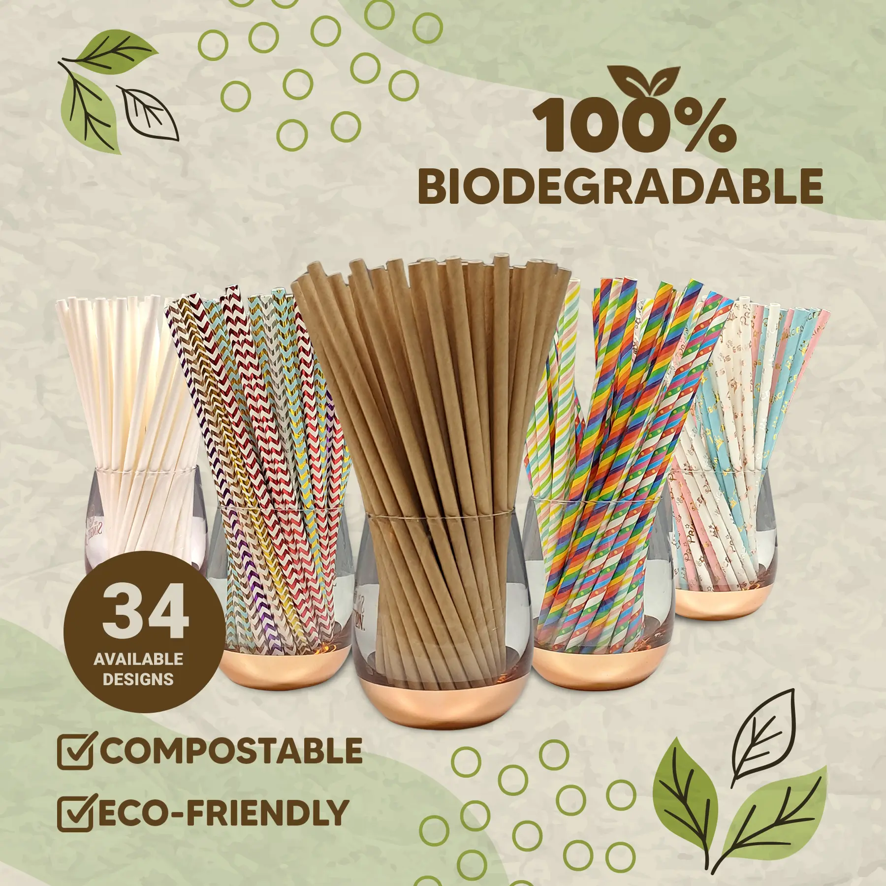 LavaEco Biodegradable Paper Straws 100 PCS -Disposable Eco-Friendly 100% Biodegradable for Party Wedding Special Events