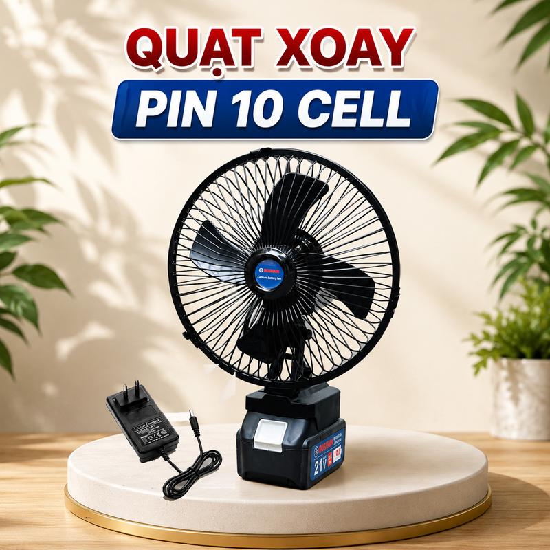 [ Quạt Xoay + Pin 10 Cell Kèm Sạc ] Quạt Tích Điện 2 Mức Gió, Kích Thước 8 Inch,  Kèm Pin 10 cell Chân Pin Phổ Thông