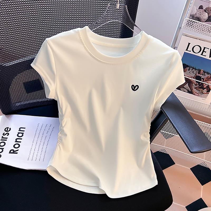 Kaus pendek leher bulat bordir cinta putih atasan seksi fashion wanita gaya Korea Baju Jersey 1