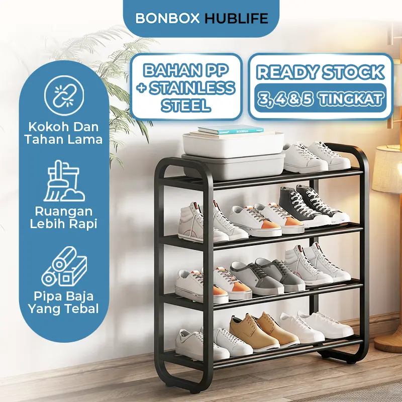 BONBOX Hublife - Rak Sepatu 3 4 dan 5 Susun Floating Shelf Serbaguna Anti Debu Hemat Ruang BFS221201 Bahan Stainless Steel Kokoh Dan Tahan Lama