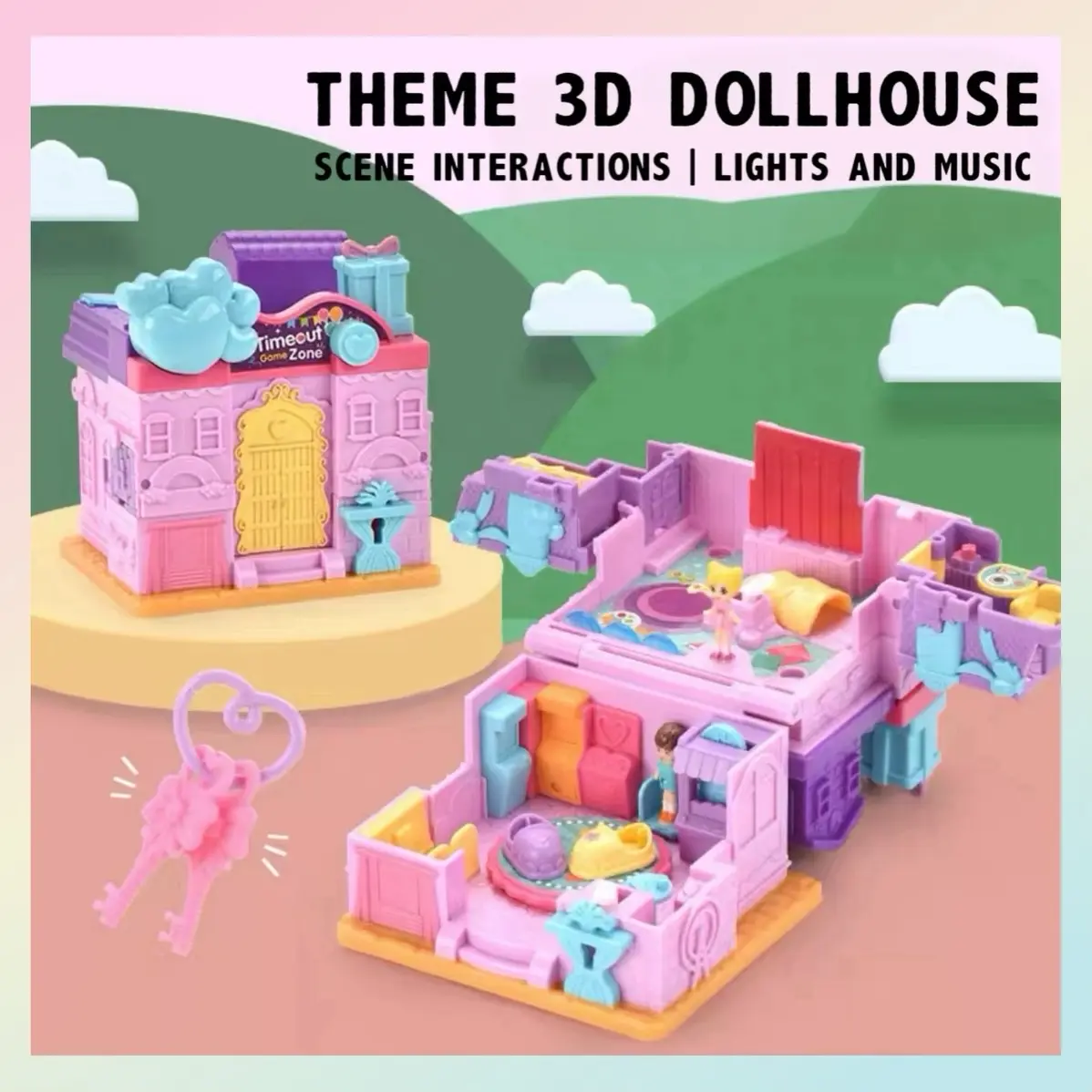 Pocket doll house w lights and music portable toy dollhouse pretend play children girl present