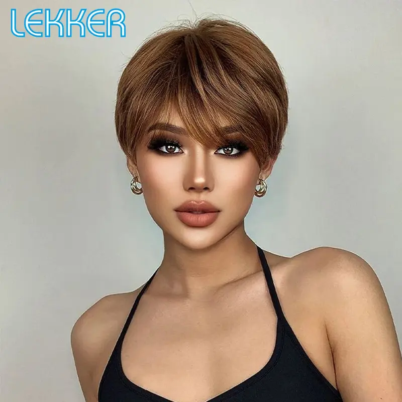 Tóc Giả Bằng Tóc Người Thật, Lekker, Mặc Và Đi, Tóc Vàng Vàng Thẳng Ngắn, Kiểu Cắt Pixie Bob, Có Mái, Dành Cho Nữ, Tóc Remy Brazil, Dễ Đội 1
