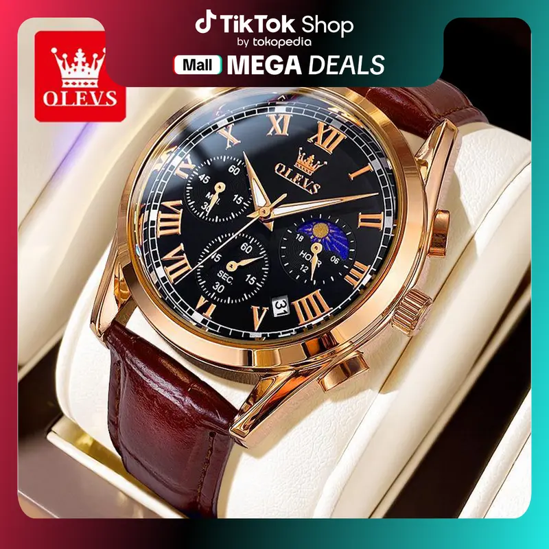 men premium watch stores near me OLEVS Jam Tangan Pria Original Anti Air Kulit Tahan Keren 2024 Led Hitam  Coklat Luxury B（Coklat dial)1