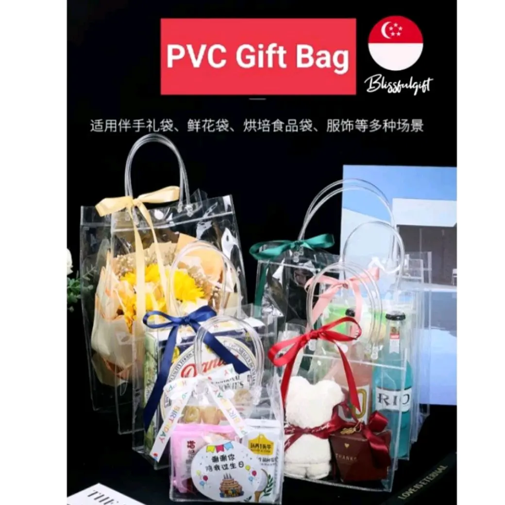 5Pcs Clear Plastic Thick PVC Transparent Tote Bag Packaging Gift Bag Wedding CNY Goodies Packaging Bag Reusable