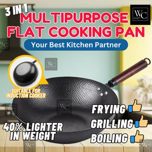 3IN1 Multipurpose Flat Cooking Pan Frying Grilling Boiling Lighter Induction Cooker Gas Stove Rivet Durable Cast Iron Kuali Leper Menggoreng Memanggang Mendidih Lebih Ringan Sesuai untuk Dapur Induksi dan Gas Paku Kuat Pemegang Kayu Tahan Lama Besi Tuang
