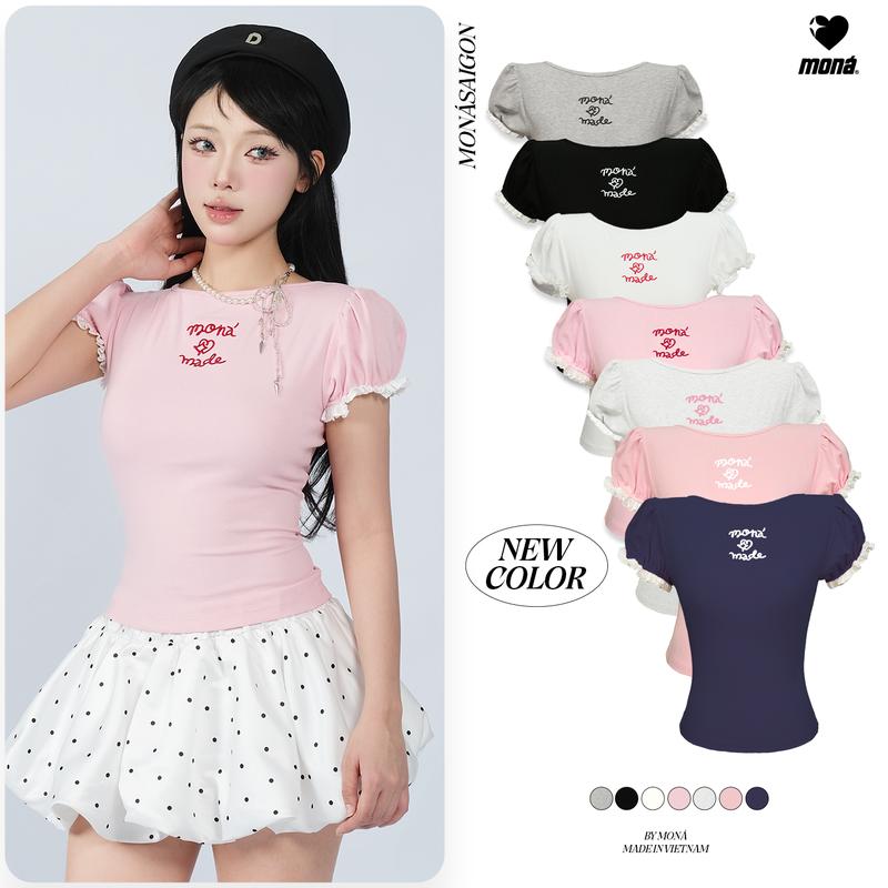 Áo thun nữ mặc 2 kiểu tay phồng phối ren thêu họa tiết thời trang mùa hè MONÁ - LUMI & LEA TOPS