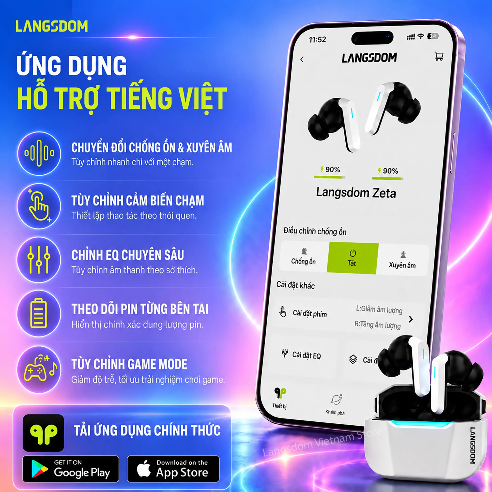 Màng loa Titan 10mm tái tạo âm bass trầm ấm sống động của Langsdom Zeta