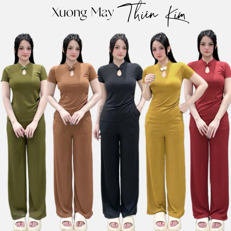 set đồ bộ thun gân mặc nhà mẫu mới áo cổ tàu quần ống suông form đồ nhỏ 45-68kg