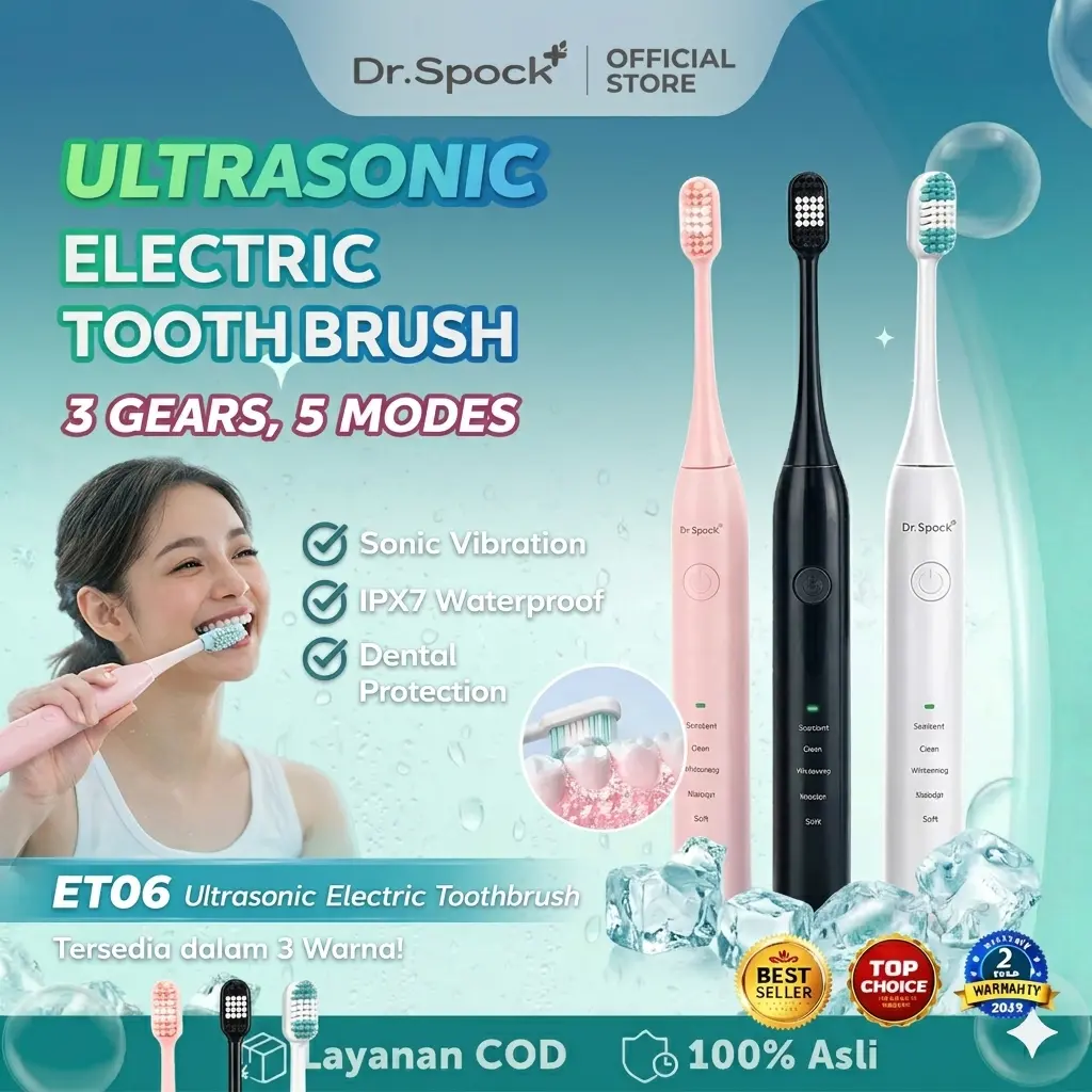 Dr. Spock ET06 Electric Toothbrush Sonic - Sikat Gigi Otomatis Tahan Air IPX7 - 5 Mode Pemutih Gigi Dewasa & Anak - Rp100rb-an