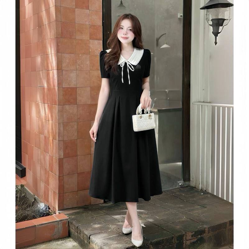 Đầm Váy Dáng Dài Thiết Kế Phối Cổ Xếp Li Thời Trang Nữ