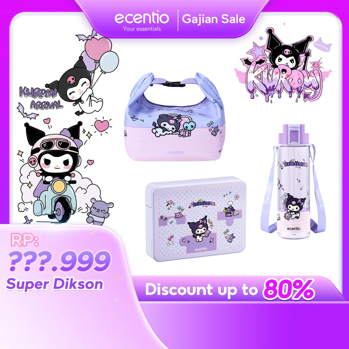 【K】【official】ecentio Set 3in1 Kuromi Resmi Sanrio Kotak Makan Botol Minum Tas Bekal Anti Bocor Bebas BPA Anak Sekolah