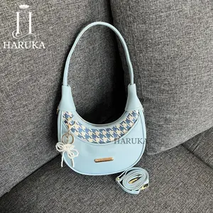 Haruka Tas Wanita Shoulderbag Mikha Gaya Santai Elegan Dengan Desain Simpel Stylish Kombinasi Kulit Sintetis Dan Houndstooth Kanvas Berkualitas Tinggi