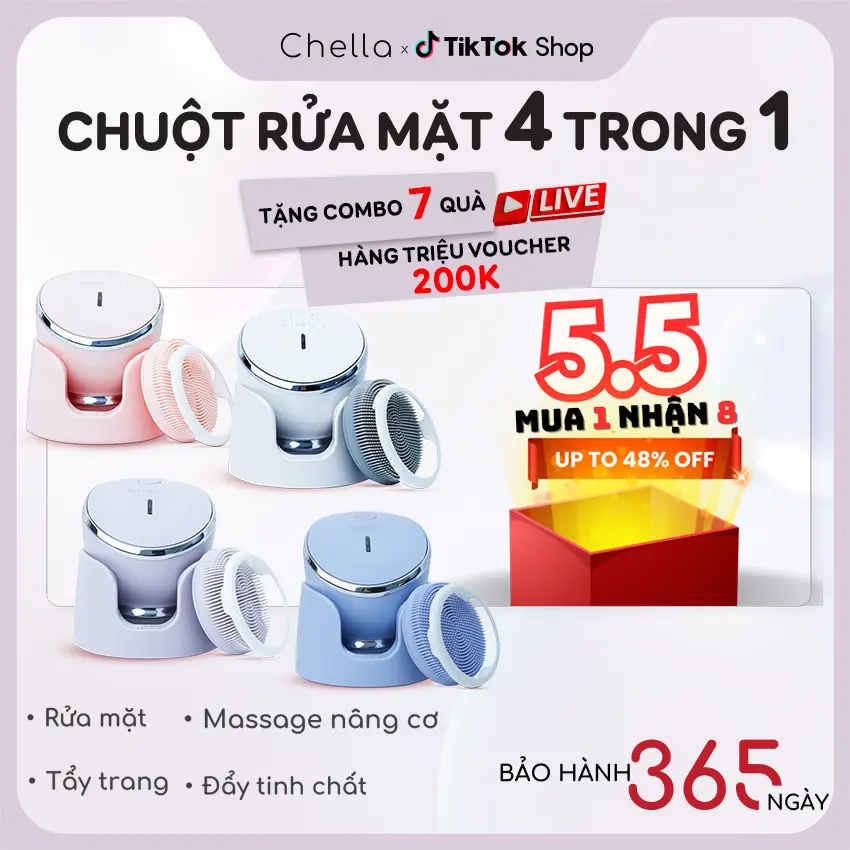 Chuột Rửa Mặt Chella 4 Trong 1 Máy rửa mặt kiêm Tẩy trang Đẩy Tinh Chất Nâng Cơ - Bảo Hành 365 Ngày - Skincare Nữ Women