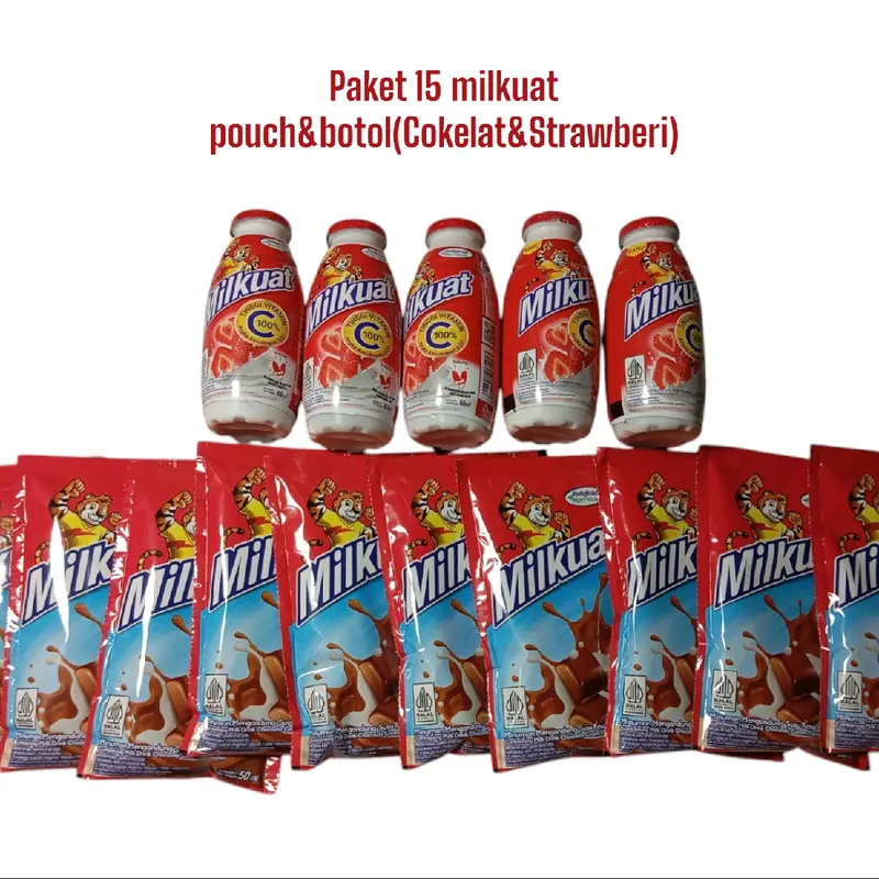 paket 15 milkuat(5 botol susu milkuat jeruk/stroberi  65ml + 10 pcs susu milkuat bantal Cokelat/stroberi 50ml)milk 0