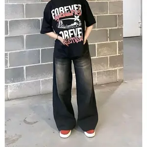 (UNISEX) Celana Jeans Baggy Gombrong Cowok Cewek Highwaist Kulot Jeans Pria Wanita Loose Retro Celana Jeans Panjang Denim Cowok Cewek Santai non Stretch wide leg jeans Hitam Keren