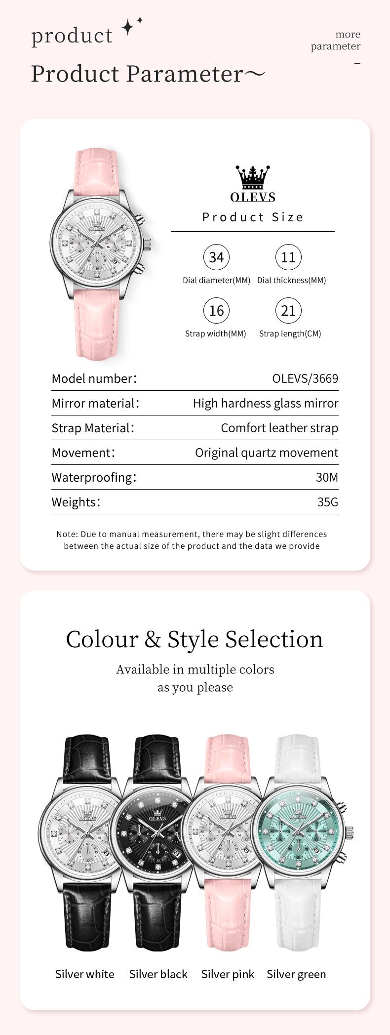 Product Introduction of OLEVS Original Quartz Watch for Women Mother's Day Gift Waterproof Chronograph Leather Strap Calendar Korean Style Fashion Stainless Steel Ladies Wristwatch Box 3669 26