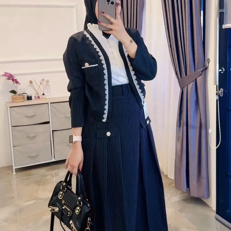 Setelan Ardila Salur one set 2in1 pakaian wanita setalan rok aline motif Linen Muslim Mewah Panjang Kondangan Cantik Casual Tebal Formal Remaja 6