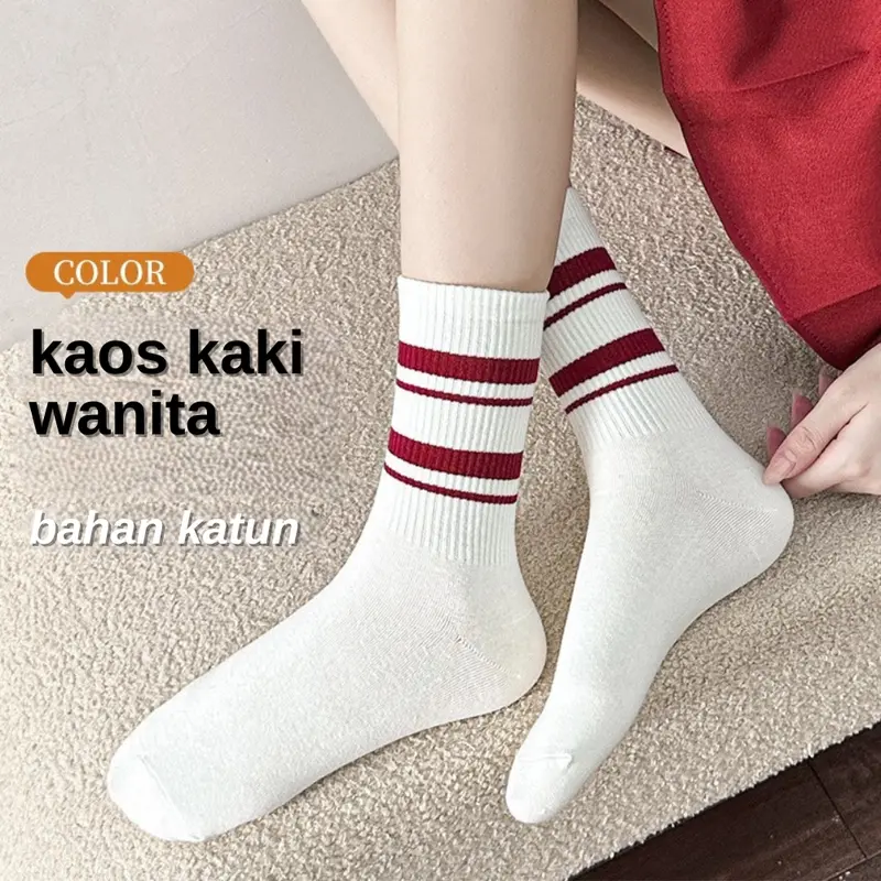M1130 Kaos Kaki Oldschool Motif Garis 2 & garis 3 wanita panjang warna red merah white putih gaya vintage retro premium Women socks 4
