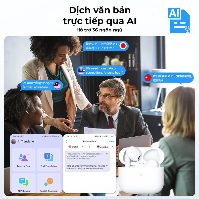[GOOJODOQ] Tai nghe phiên dịch AI, Tai nghe Bluetooth không dây, Bluetooth 5.3, Khử tiếng ồn môi trường, Loa 13,2mm, Pin 250mAh, Điều khiển cảm ứng, Thời lượng pin dài 5