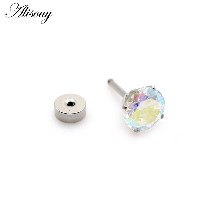 Alisouy 2pcs Unisex Women Men Round Crystal Zircon Stainless steel Ear Studs Earrings Barbell Tragus Cartilage Piercing Jewelry 8