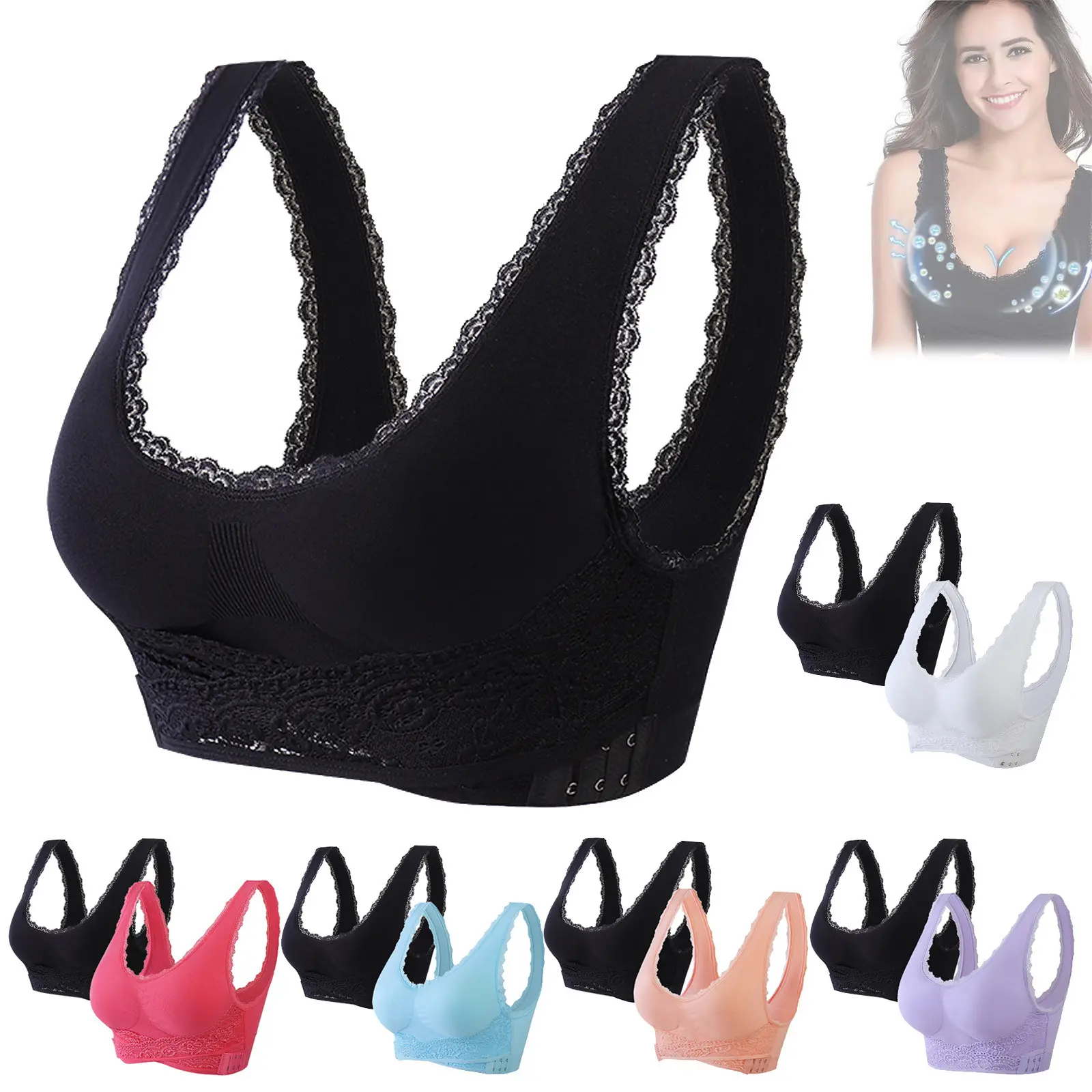 2PC women's comfortable wire-free front cross side buckle adjustable push up large size breathable bra underwear, anti-exposure bra, plain push up bra for women 3/4 coverage