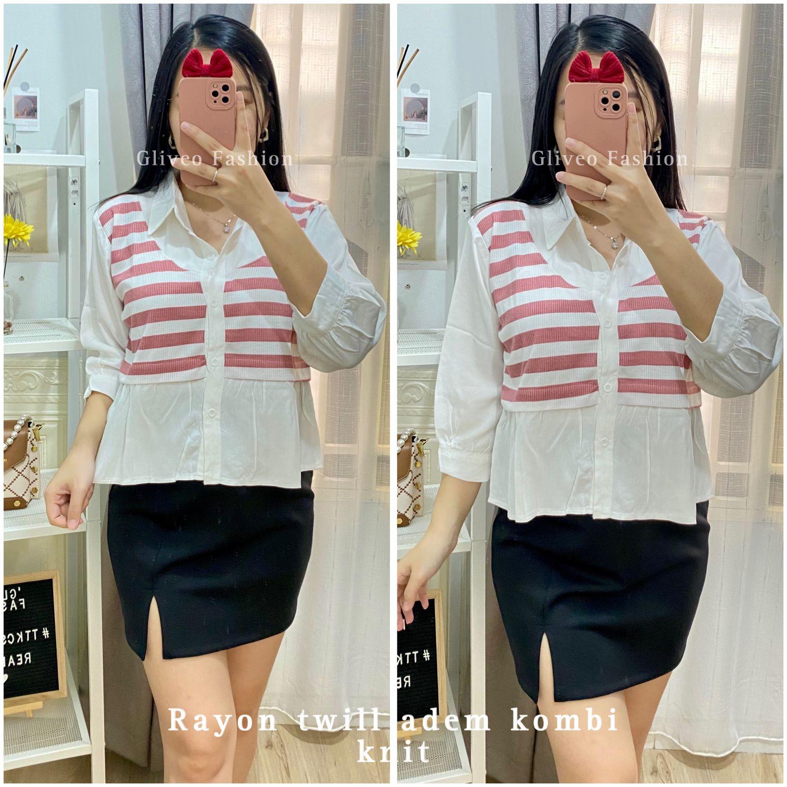 GLIVEO (COD) - KEMEJA KOMBI SALUR RAYON TWILL ADEM / KEMEJA SALUR WANITA LENGAN PANJANG/ ATASAN LENGAN PANJANG WANITA baju karya stripe