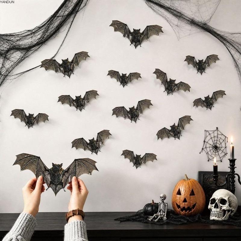 YANDUN 12 Cái Bối cảnh PVC Miếng dán tường hình dơi 3D Đen Decal Halloween Tự làm Có thể tháo rời Trang trí tường Bữa tiệc