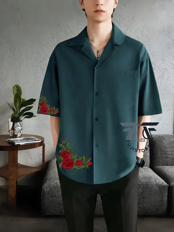 Kemeja Vintage Pria Lengan Pendek Polos Motif Hawai Roses Korean Style Bahan Katun - Kemeja Kerah Piyama 7