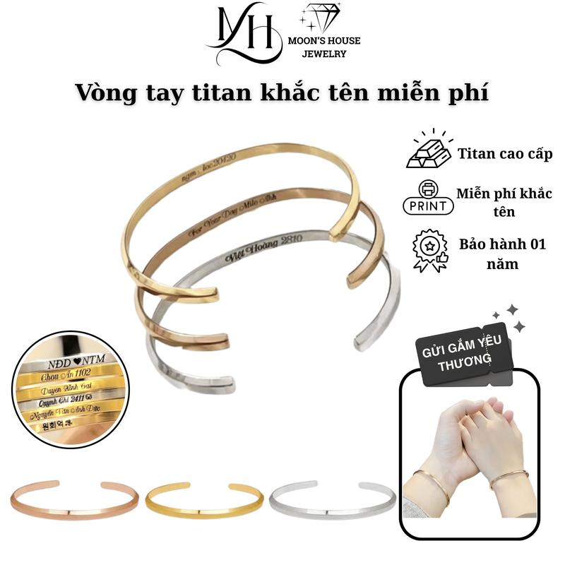 Vòng tay cuff nam nữ kiểu dáng chữ C, có khắc tên theo yêu cầu