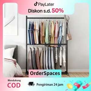 【COD】 Rak pakaian tiang ganda multifungsi, rak tas dan sepatu, rak topi berdiri, rak pengering pakaian, rak penyimpanan portabel besi tempa anti karat jemuran baju tidak mudah kusut