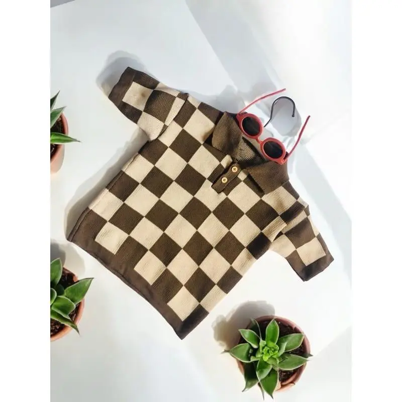 Polo Rajut Motif Kotak Atasan tangan pendek Sweater Premium Unisex Pakaian Anak Cowo Cewe Baju Fashion 6