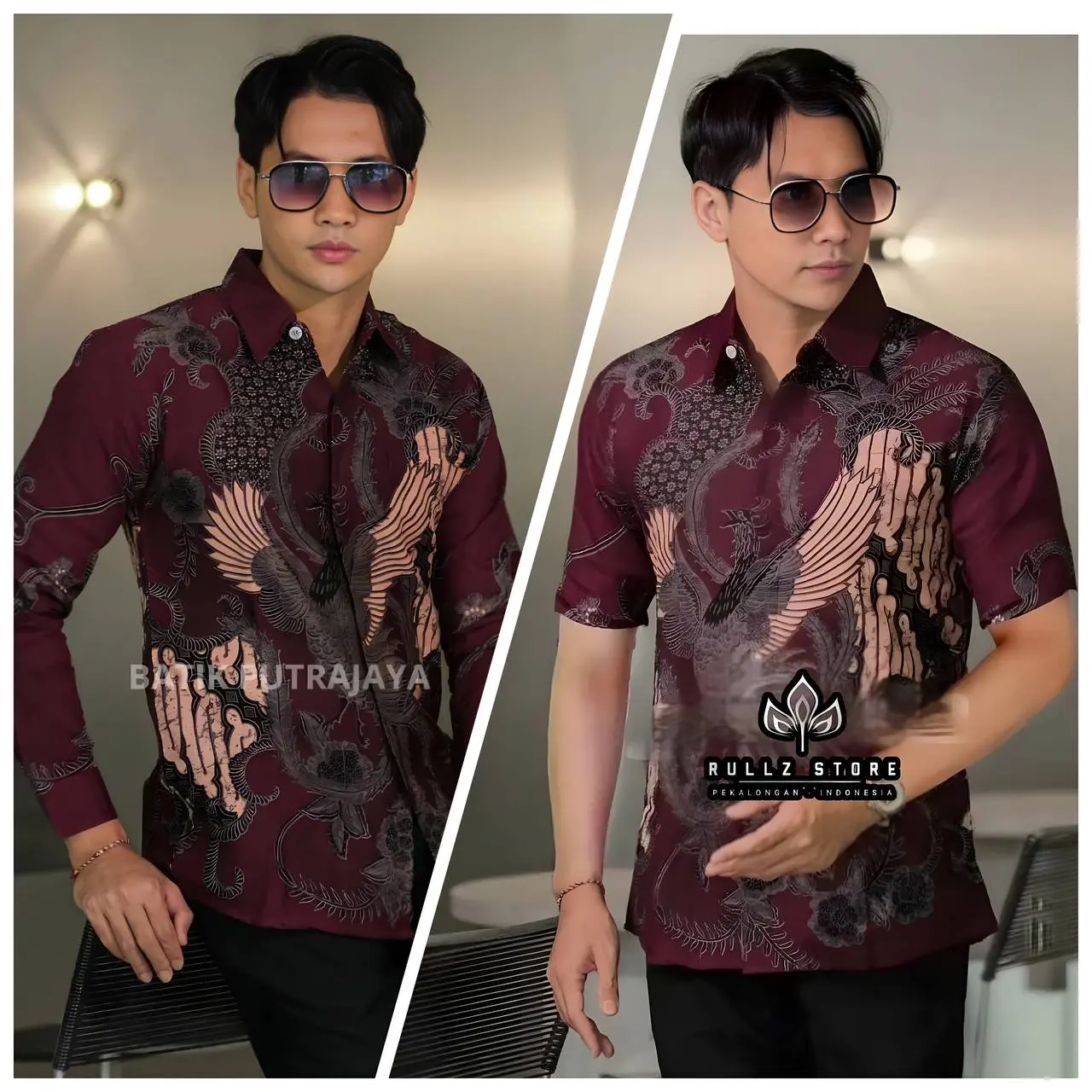 Kemeja Batik Pria Lengan Pendek Motif BURUNG BURGUNDY Pekalongan Terbaru 2025 - Hem Katun Atasan Panjang Casual Cowok Surfing Hitam Baju Keren Mewah Merah