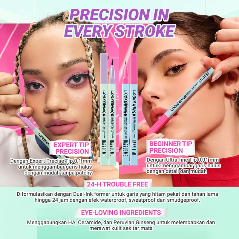 [PAKET EYE MAKEUP 2PCS] DAZZLE ME Dual Eye-conic Bundle Set Lock & Pop! Mascara VoluMAXing LongLASHting Long & Wing! Hyper Stay Slim Eyeliner Smudgeproof Waterproof Transferproof dan Tahan Lama 4