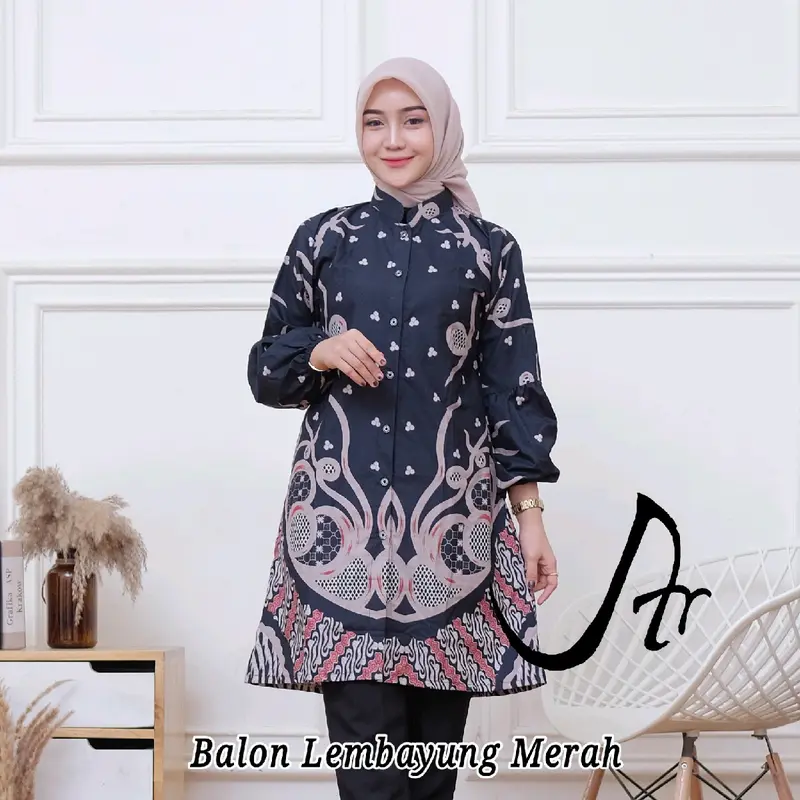 Baju Batik Wanita  Atasan Tunik Modern Lengan Balon Karet Kancing Depan Full Kerah Shanghai 3