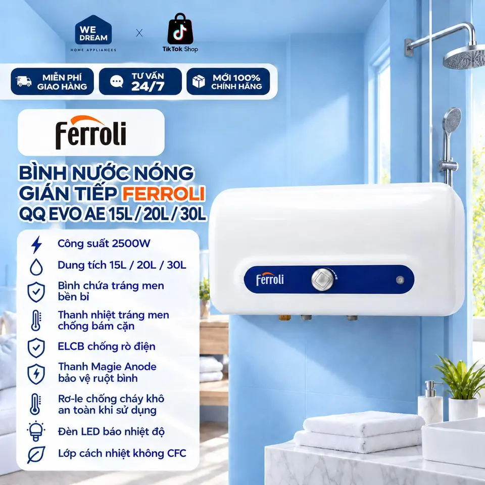 Máy Nước Nóng Gián Tiếp Ferroli QQ EVO 15 Lít AE 2500W - Hàng Chính Hãng, Hàng Mới