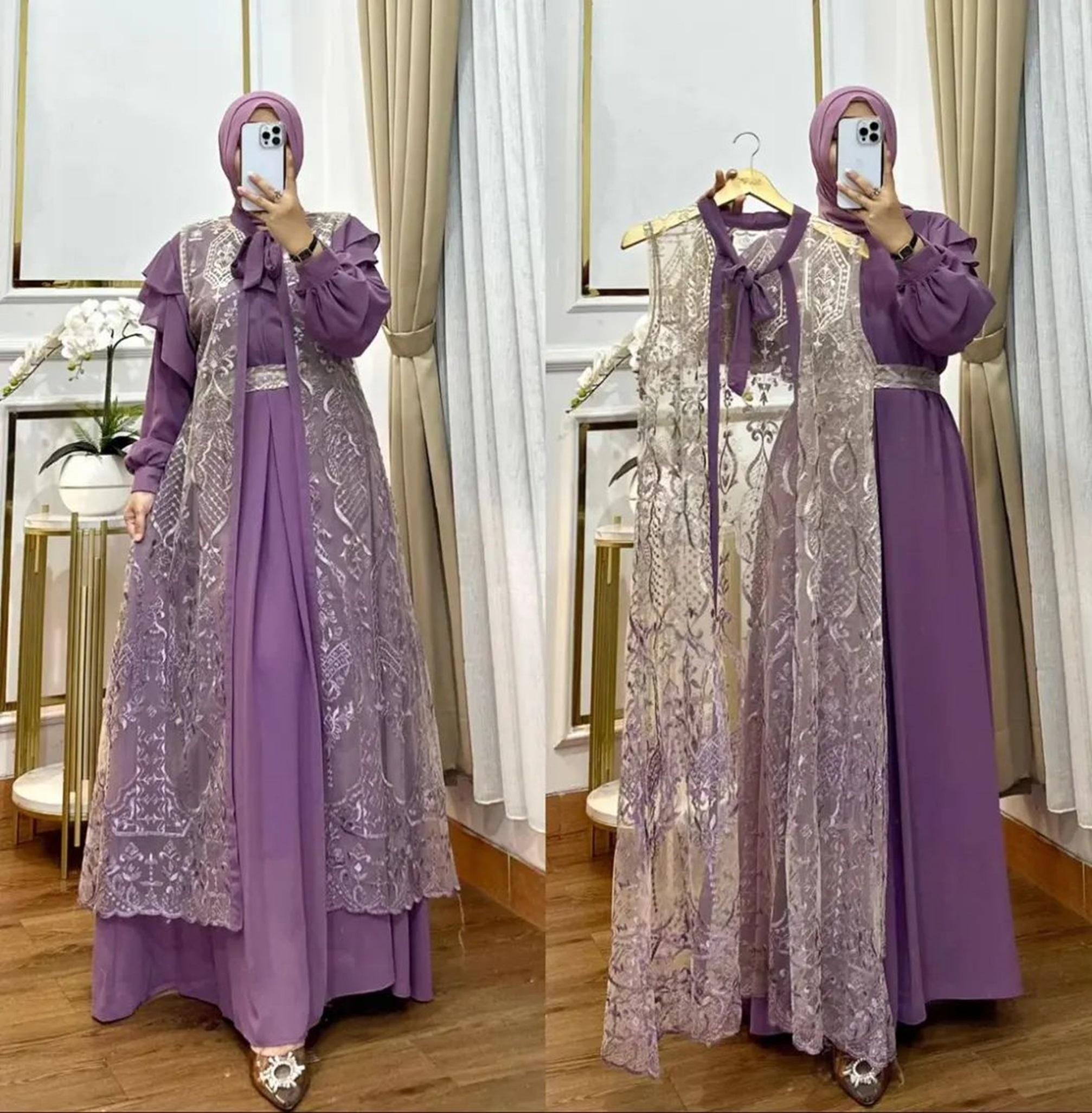 Setelan Dress + Outer Wanita Nashita Dress Bahan Ceruty Babydoll Aksen Brukat Gamis Muslimah