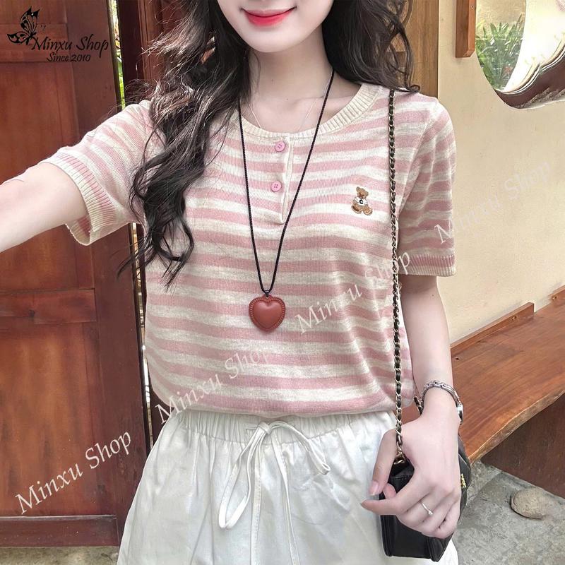 Áo Len Cộc Tay Cổ Tròn 2 Khuy Thêu Gấu Chất Len Mềm Mịn Hàng QC Minxu Shop TA32