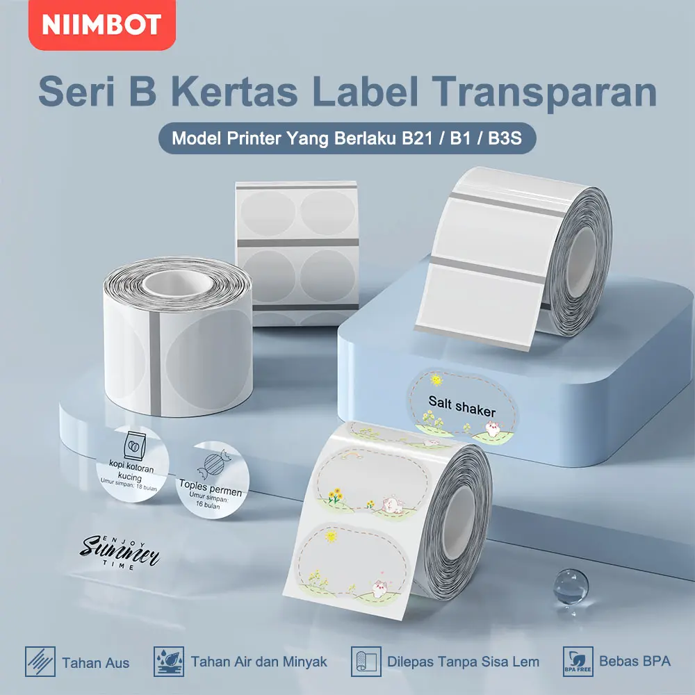 NIIMBOT B21/B3S/B1 Kertas Cetak Label Nama Transparan, Stiker Harga Barang Transparan Tahan Air