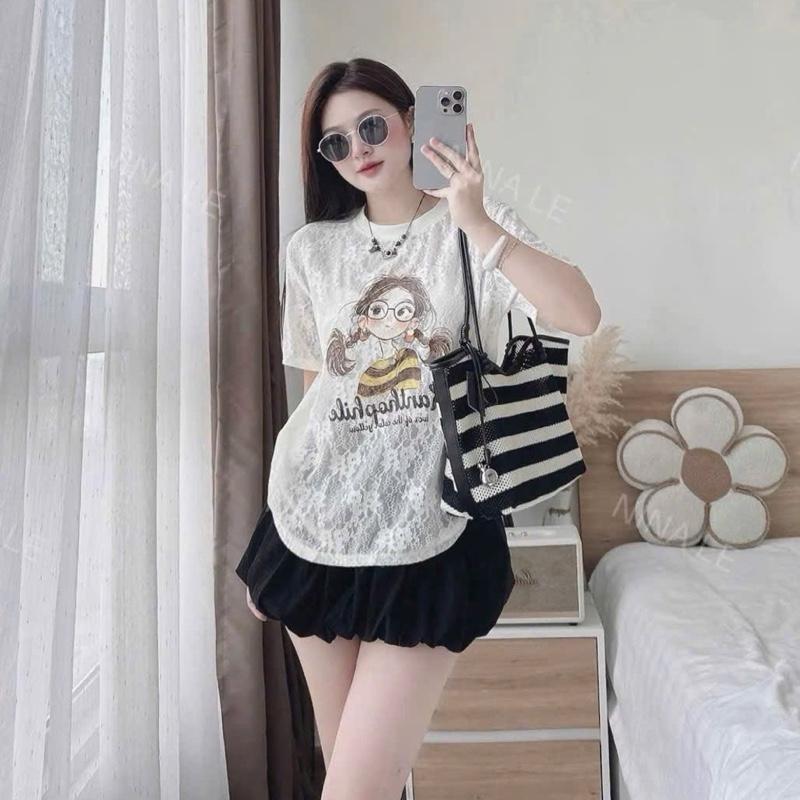 Set Bigsize (CÓ LẺ ÁO / VÁY) Áo Thun Xước In Hoạ Tiết Dễ Thương Phối Váy Bí Cho Nữ Chuppy (50-92Kg)- A287 CV413