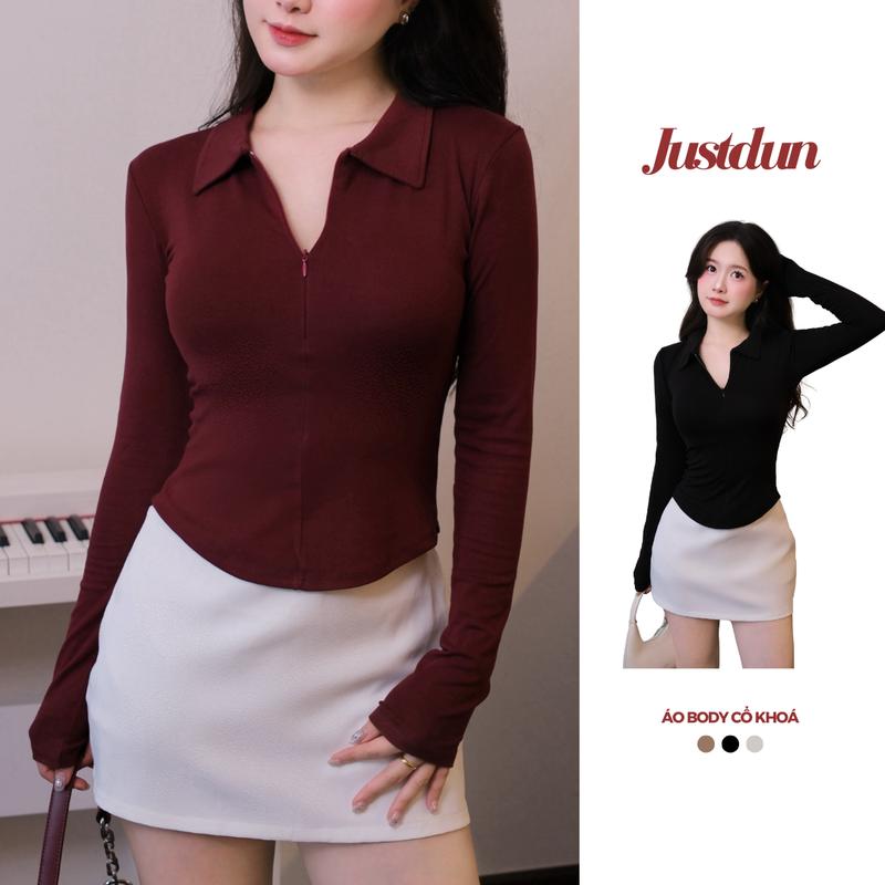 Áo Thun Nữ Tay Dài Ôm Body Cổ Bẻ Phối Khoá Kéo Dáng Vạt Bầu Cotton Lông mịn Justdun 13A