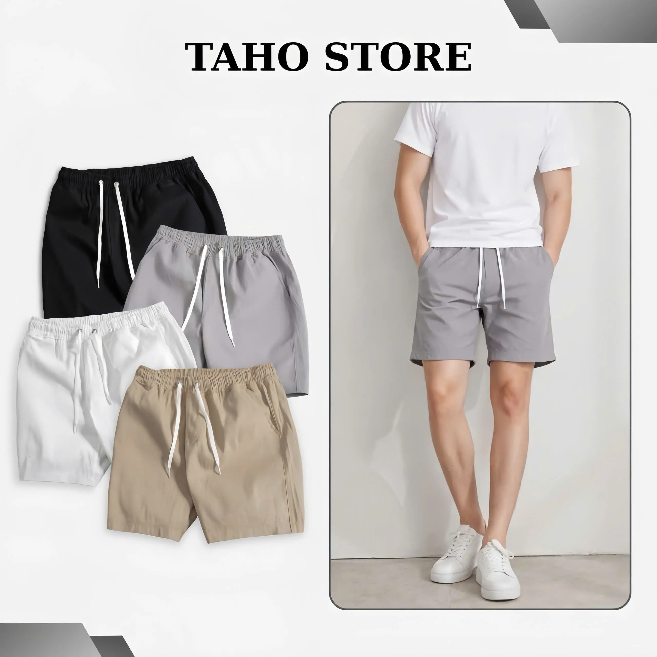 TAHO COMBO 2 Quần Short Kaki Nam Co Giãn Mới Cao Cấp Basic TAHO Form Trên Gối Cotton Co Giãn Mã 01-04 Có Túi Thoải Mái Hack Chân - 1