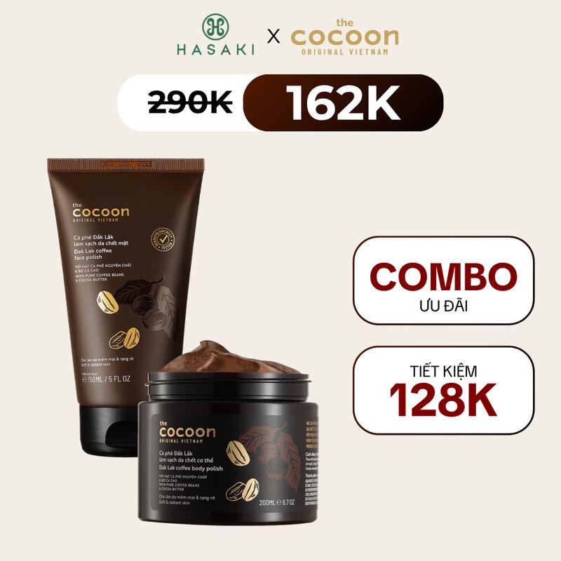 Combo Cocoon Tẩy Tế Bào Chết Toàn Thân Cà Phê Đắk Lắk 200ml + Tẩy Tế Bào Chết Da Mặt Cà Phê Đắk Lắk 150ml | HASAKI BEAUTY