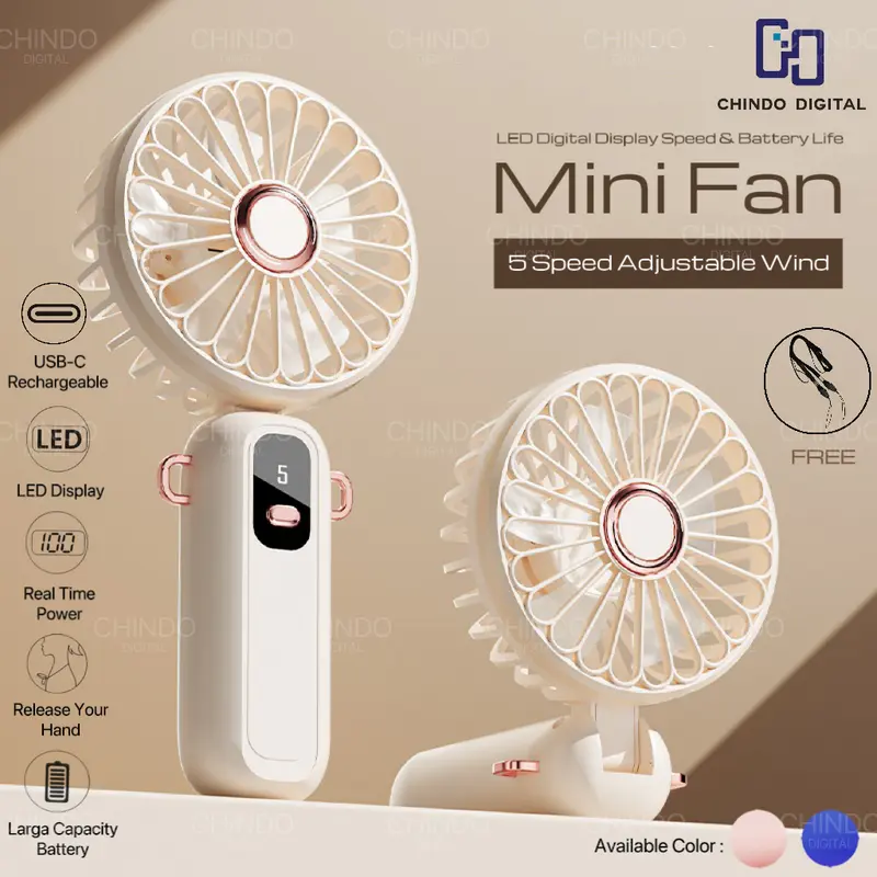 CID39 Kipas Angin Lipat Mini Portable LED Display 5-Speed Wind Adjustment Kipas Genggam Kipas Kecil Foldable 0